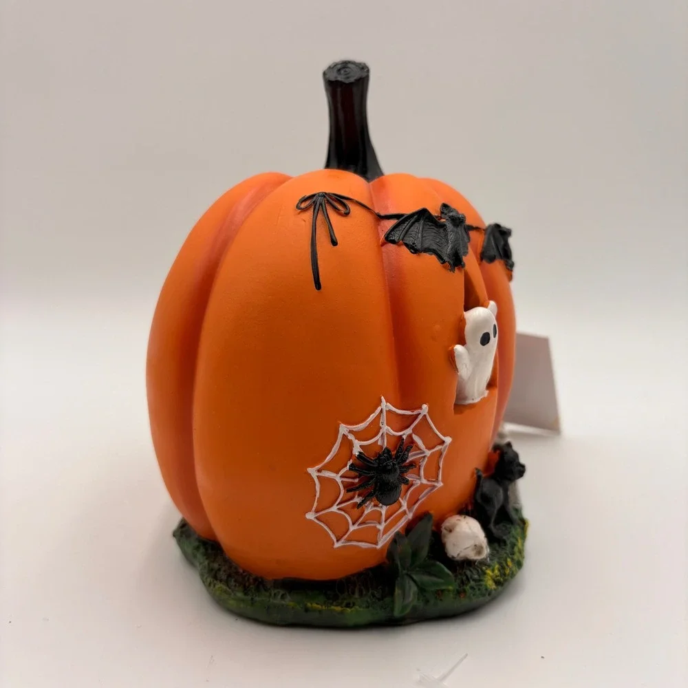 Spooky Hollow Halloween Haunted Pumpkin House Figurine Ghosts Bats Cat Skulls